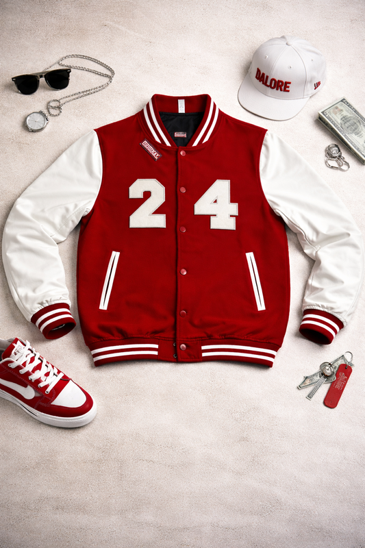 Dalore 24 leather sleeve varsity jacket in red and white on styled flat lay